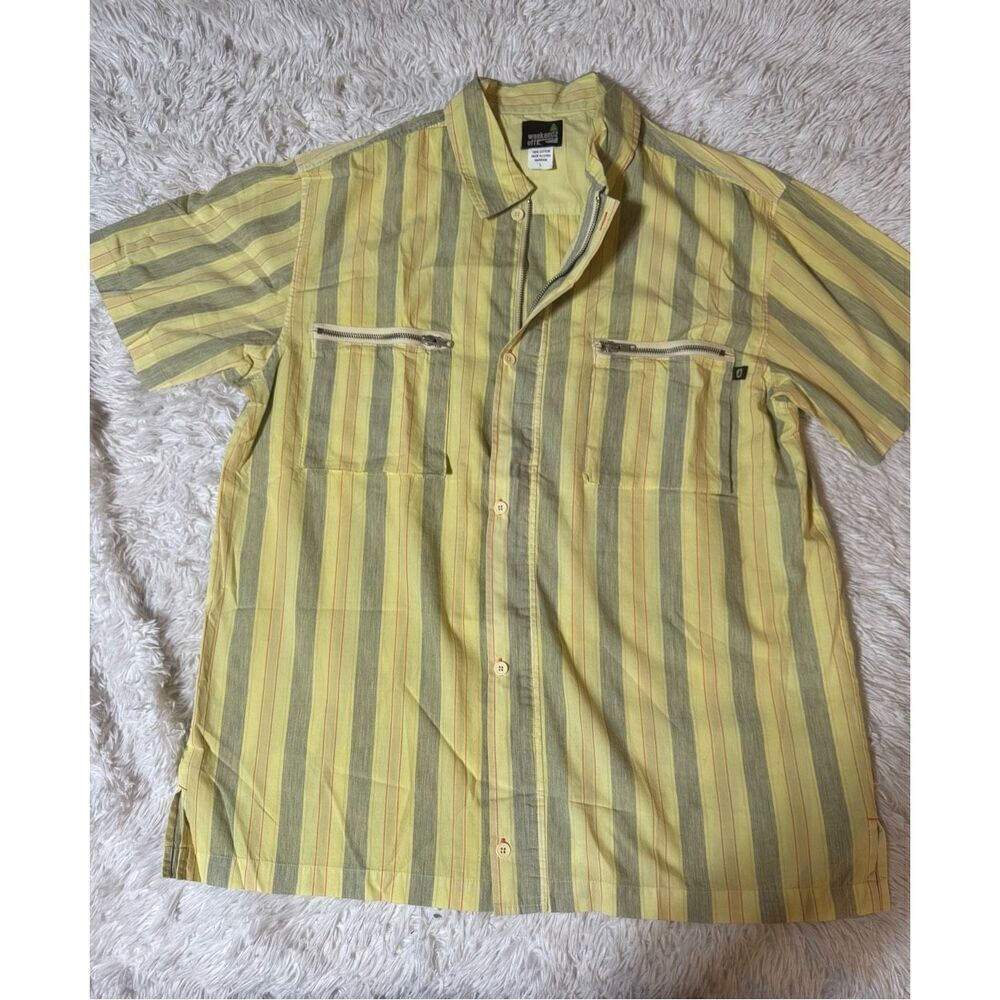 Weekendz off short sleeve button up with zipper pocket yellow stripe  shirt L